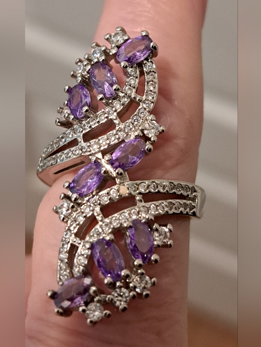 Sterling Silver Purple Amethyst and Cubic Zirconia Statement Ring